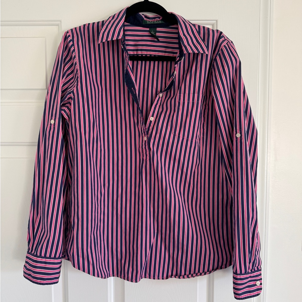 Lauren Ralph Lauren Navy and Pink Striped Button-Front Shirt